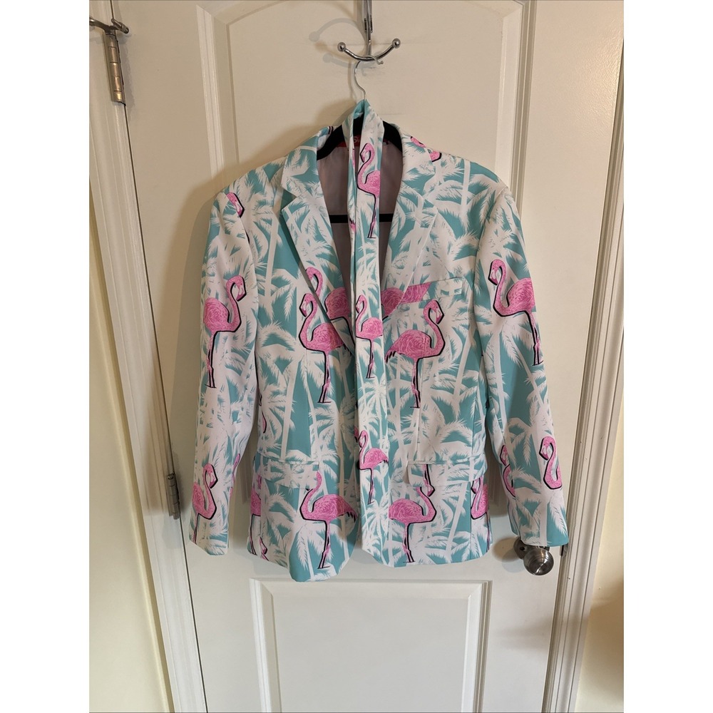 Shinesty Men's El Flamenco Jacket & Tie Tropics Flamingo Print Sz 36 Miami Vice